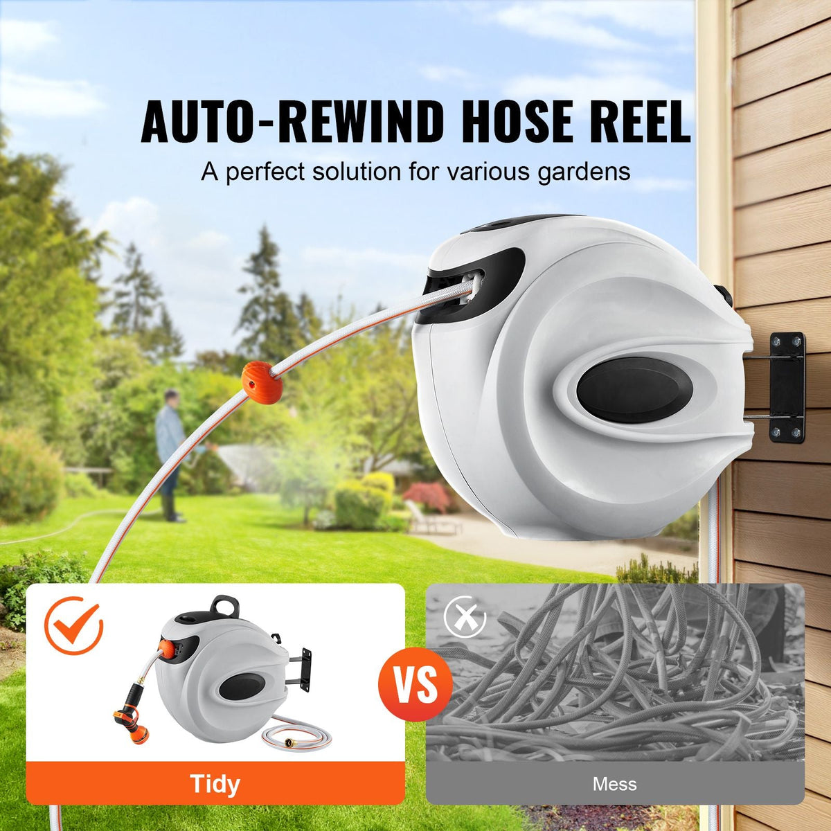 Retractable Hose Reel, 115 ft x 1/2 inch, 180° Swivel Bracket Wall-Mounted, Garden Water Hose Reel with 9-Pattern Nozzle, Automatic Rewind, Lock at Any Length, and Slow Return System