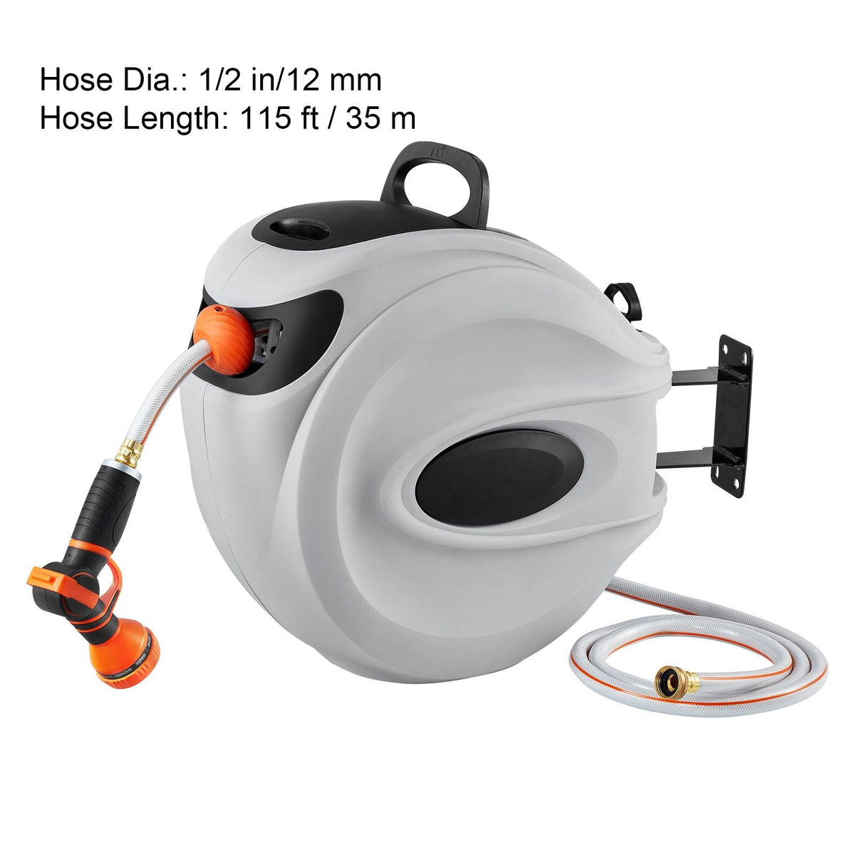Retractable Hose Reel, 115 ft x 1/2 inch, 180° Swivel Bracket Wall-Mounted, Garden Water Hose Reel with 9-Pattern Nozzle, Automatic Rewind, Lock at Any Length, and Slow Return System
