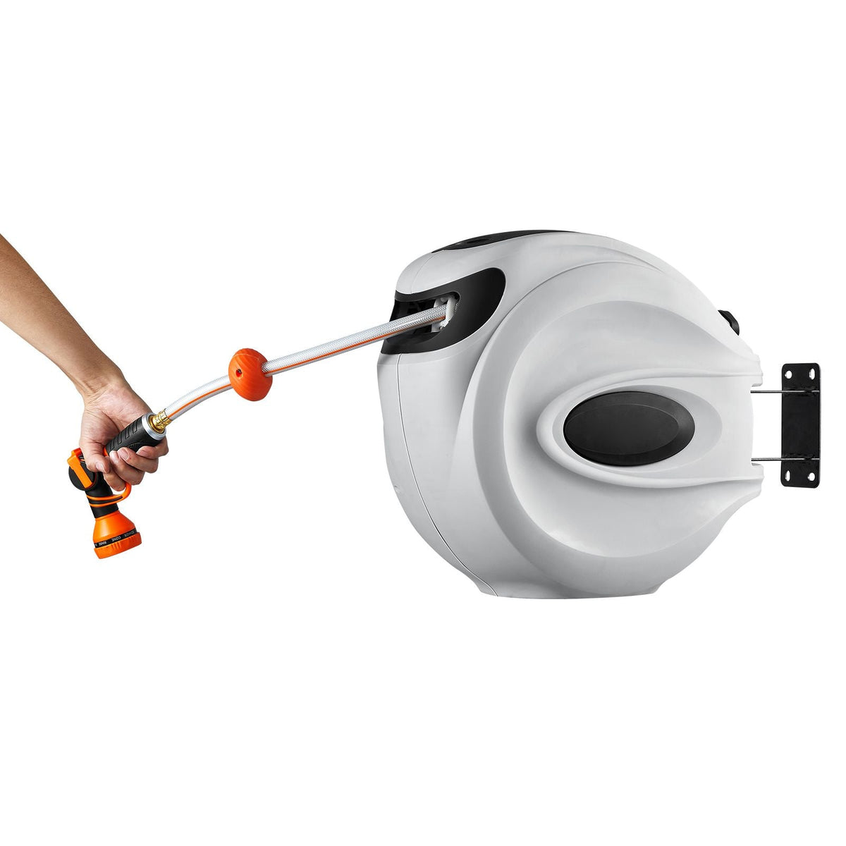 Retractable Hose Reel, 115 ft x 1/2 inch, 180° Swivel Bracket Wall-Mounted, Garden Water Hose Reel with 9-Pattern Nozzle, Automatic Rewind, Lock at Any Length, and Slow Return System
