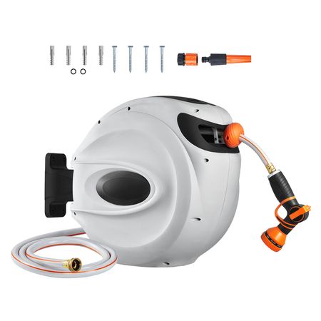 Retractable Hose Reel, 65 ft x 5/8 inch, 180° Swivel Bracket Wall-Mounted, Garden Water Hose Reel with 9-Pattern Nozzle, Automatic Rewind, Lock at Any Length, and Slow Return System