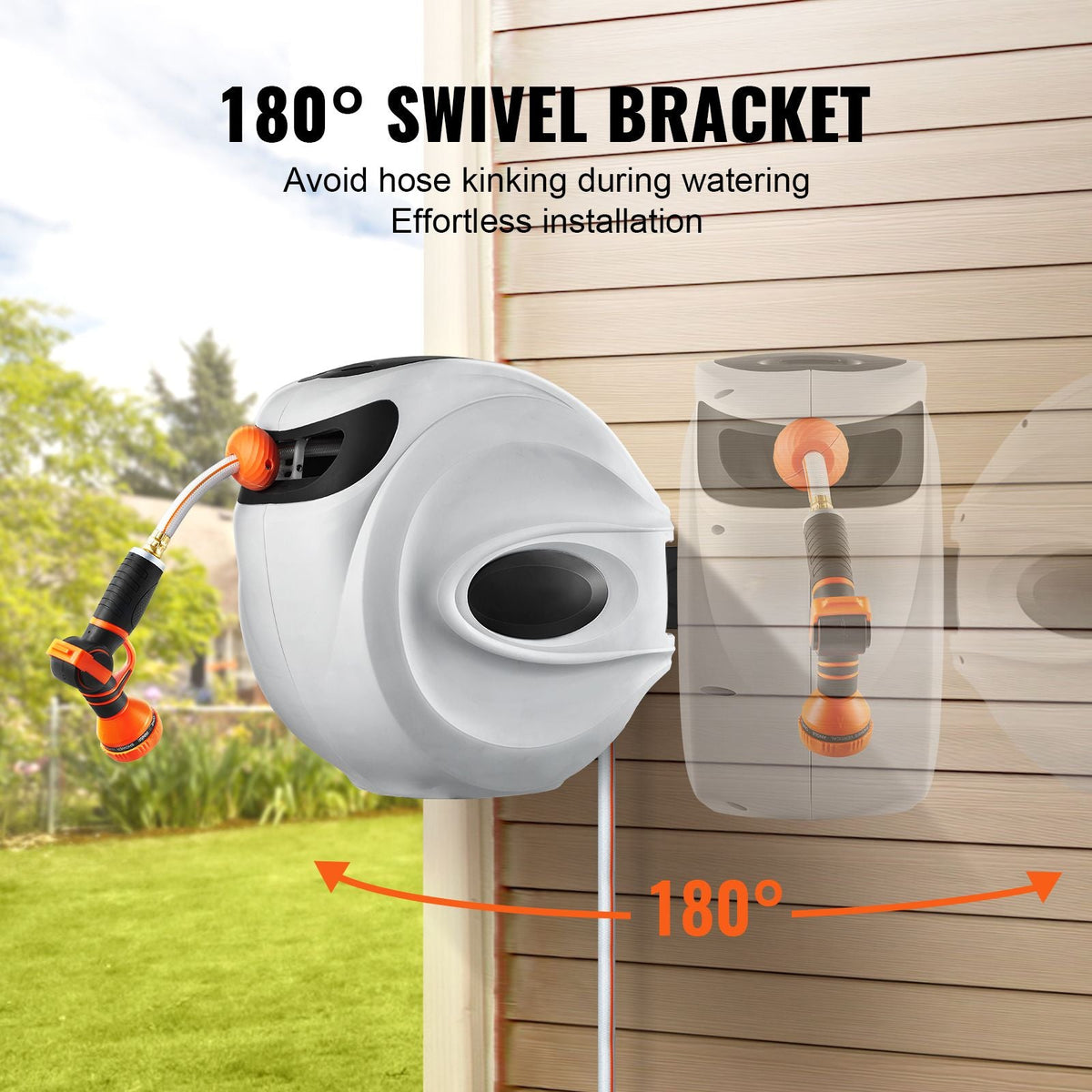 Retractable Hose Reel, 65 ft x 5/8 inch, 180° Swivel Bracket Wall-Mounted, Garden Water Hose Reel with 9-Pattern Nozzle, Automatic Rewind, Lock at Any Length, and Slow Return System