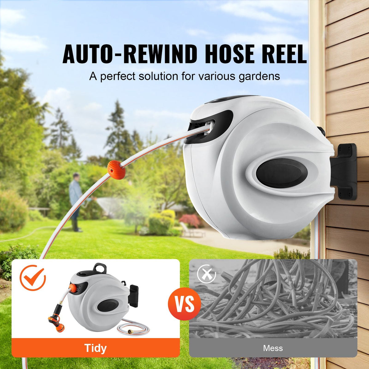Retractable Hose Reel, 65 ft x 5/8 inch, 180° Swivel Bracket Wall-Mounted, Garden Water Hose Reel with 9-Pattern Nozzle, Automatic Rewind, Lock at Any Length, and Slow Return System