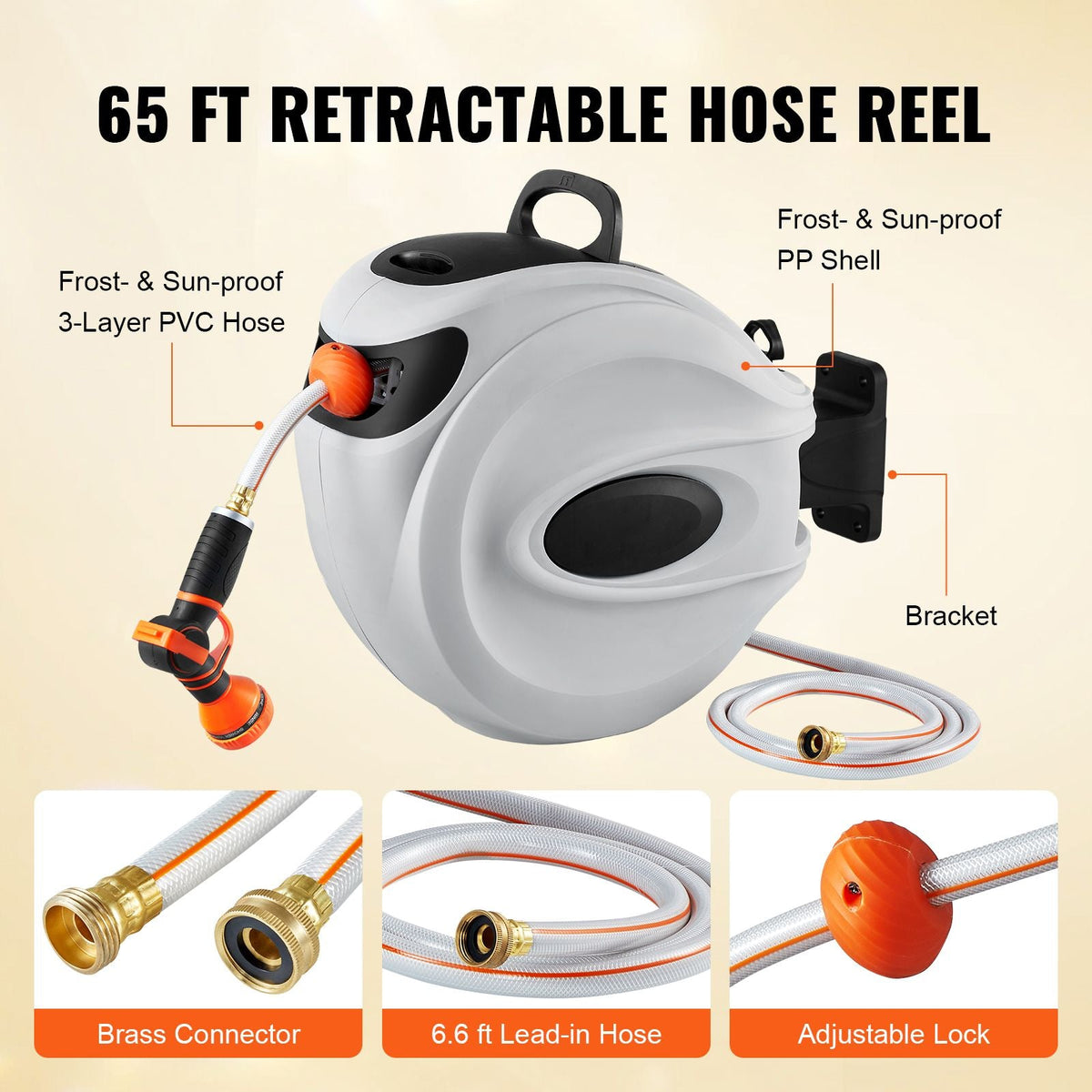 Retractable Hose Reel, 65 ft x 5/8 inch, 180° Swivel Bracket Wall-Mounted, Garden Water Hose Reel with 9-Pattern Nozzle, Automatic Rewind, Lock at Any Length, and Slow Return System