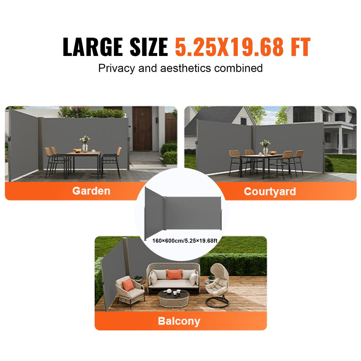Retractable Side Awning, 63''x 236'' Aluminum Outdoor Privacy Screen, 280g Polyester Water-proof Retractable Patio Screen, UV 30+ Room Divider Wind Screen for Patio, Backyard, Balcony, Gray