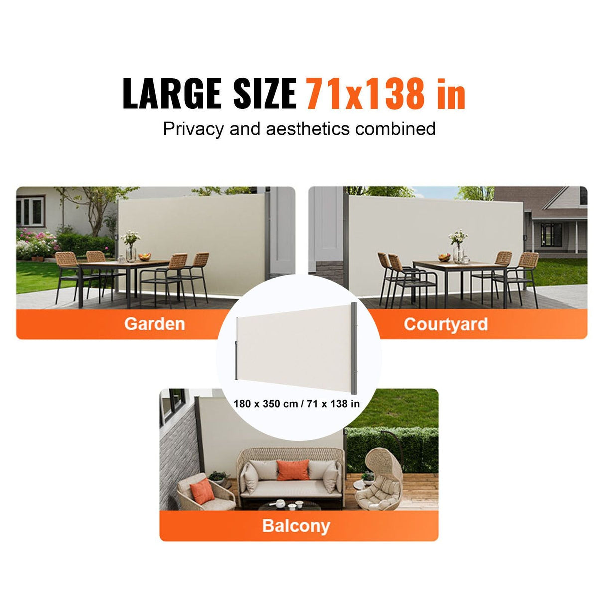 Retractable Side Awning, 71''x 138'' Outdoor Privacy Screen, 180g Polyester Water-proof Retractable Patio Screen, UV 30+ Room Divider Wind Screen for Patio, Backyard, Balcony, Beige