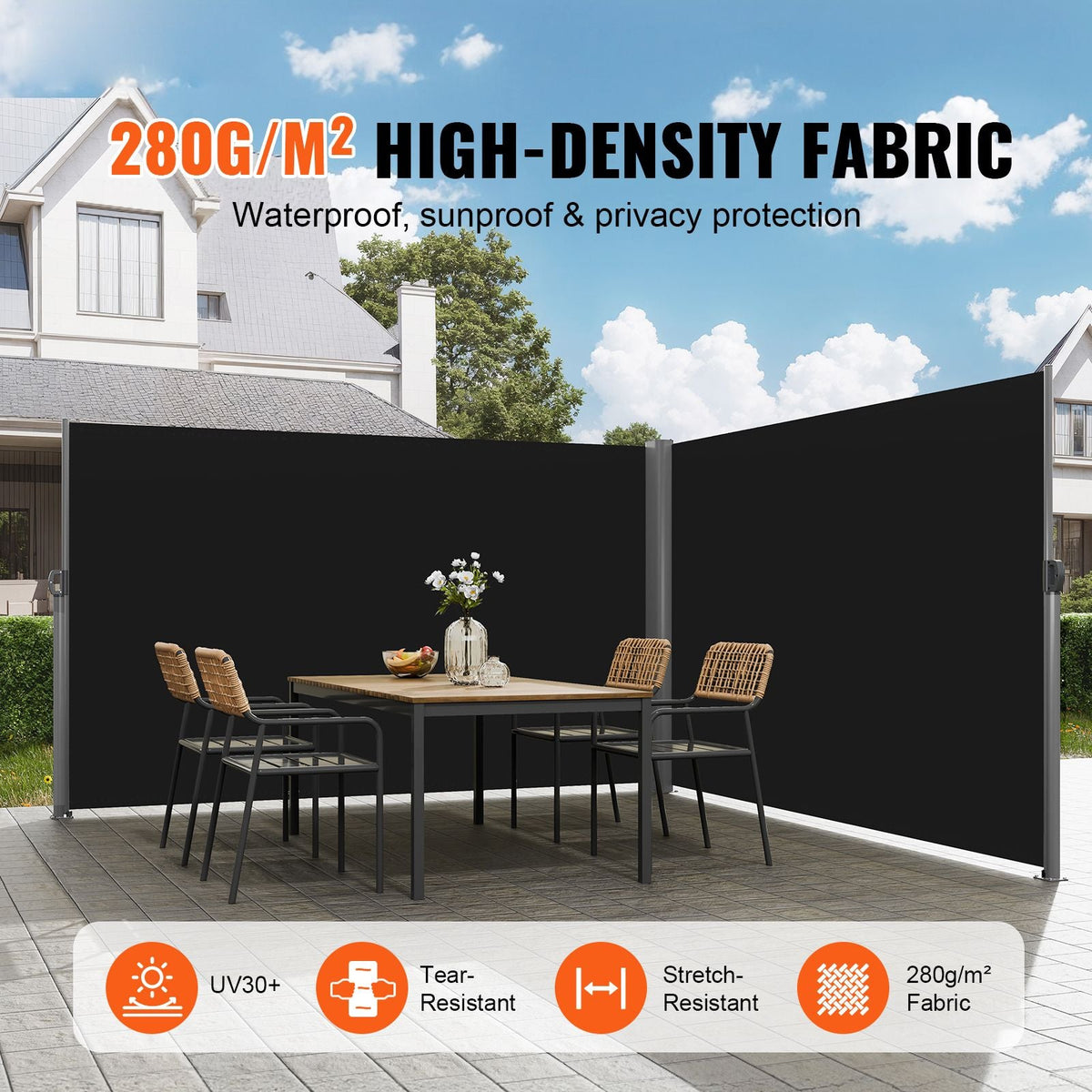Retractable Side Awning, 71''x 236'' Aluminum Outdoor Privacy Screen, 280g Polyester Water-proof Retractable Patio Screen, UV 30+ Room Divider Wind Screen for Patio, Backyard, Balcony, Black