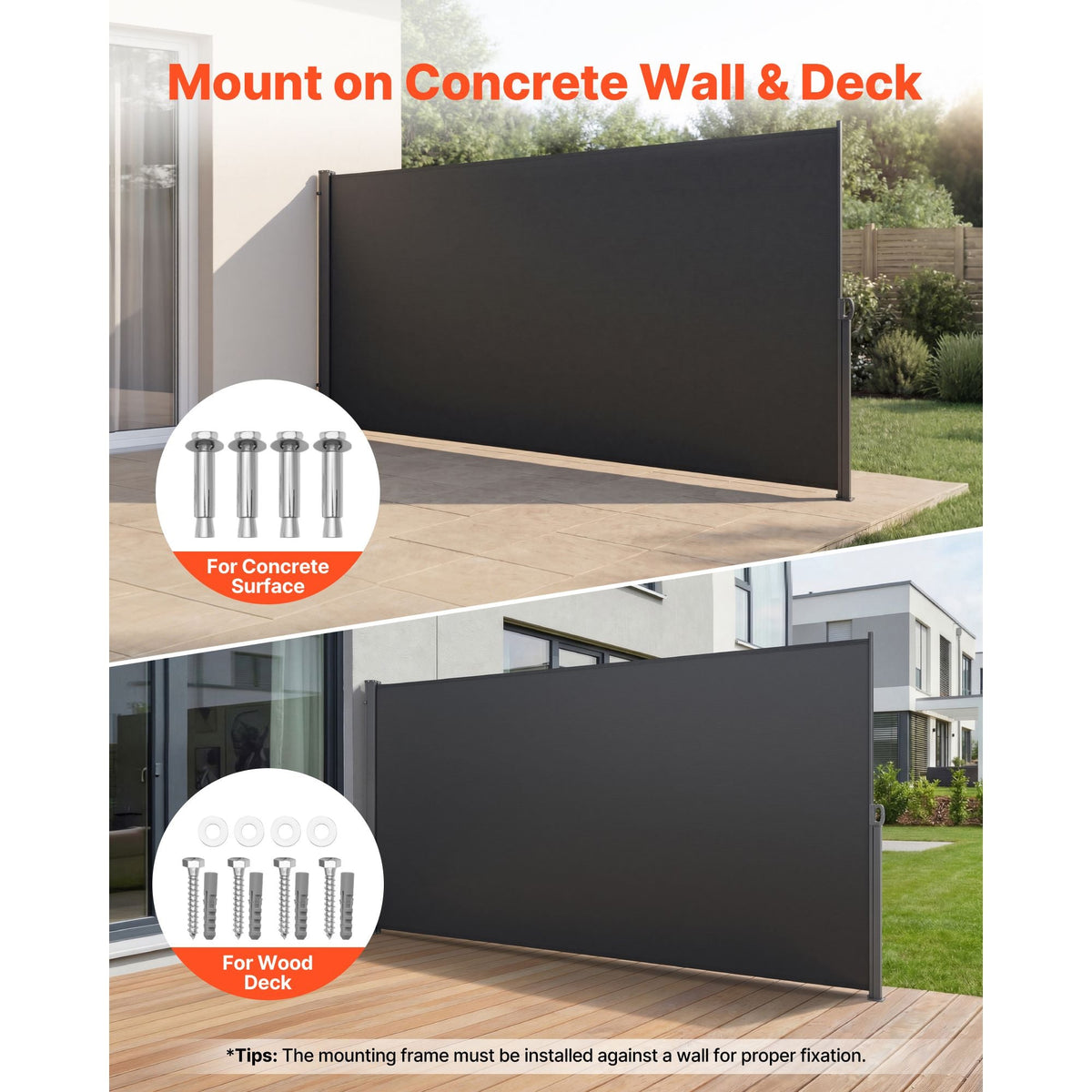 Retractable Side Awning, 73" x 165" Patio Retractable Side Screen with 180 g/m² Polyester Fabric, Waterproof Sunshade Outdoor Privacy Screen Room Divider for Garden, Balcony, Pools, Deck, Gray