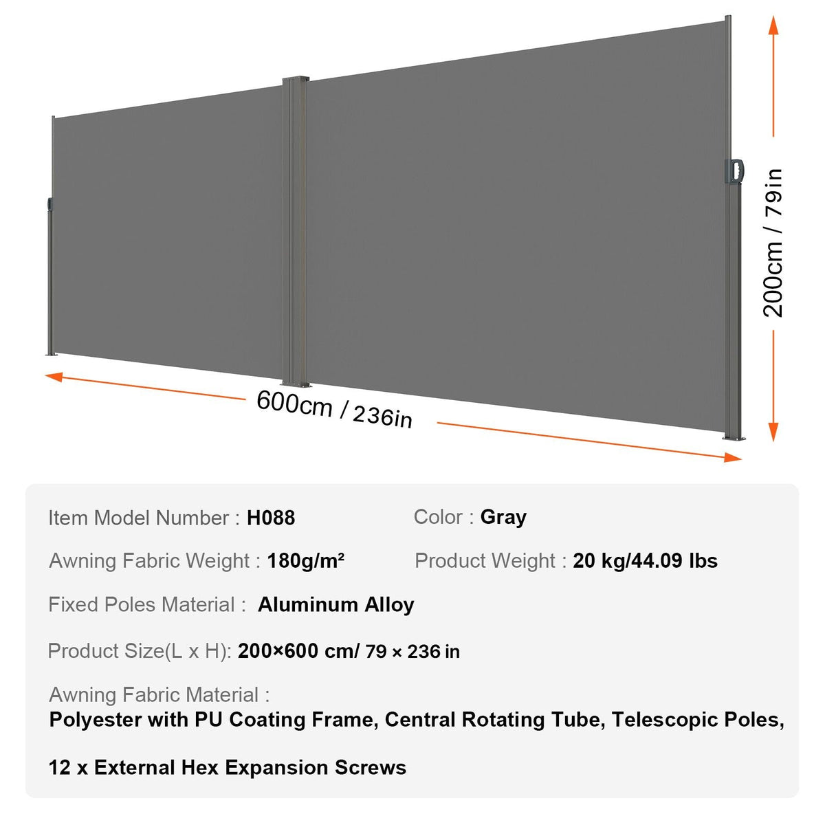 Retractable Side Awning, 79''x 236'' Outdoor Privacy Screen, 180g Polyester Water-proof Retractable Patio Screen, UV 30+ Room Divider Wind Screen for Patio, Backyard, Balcony, Gray