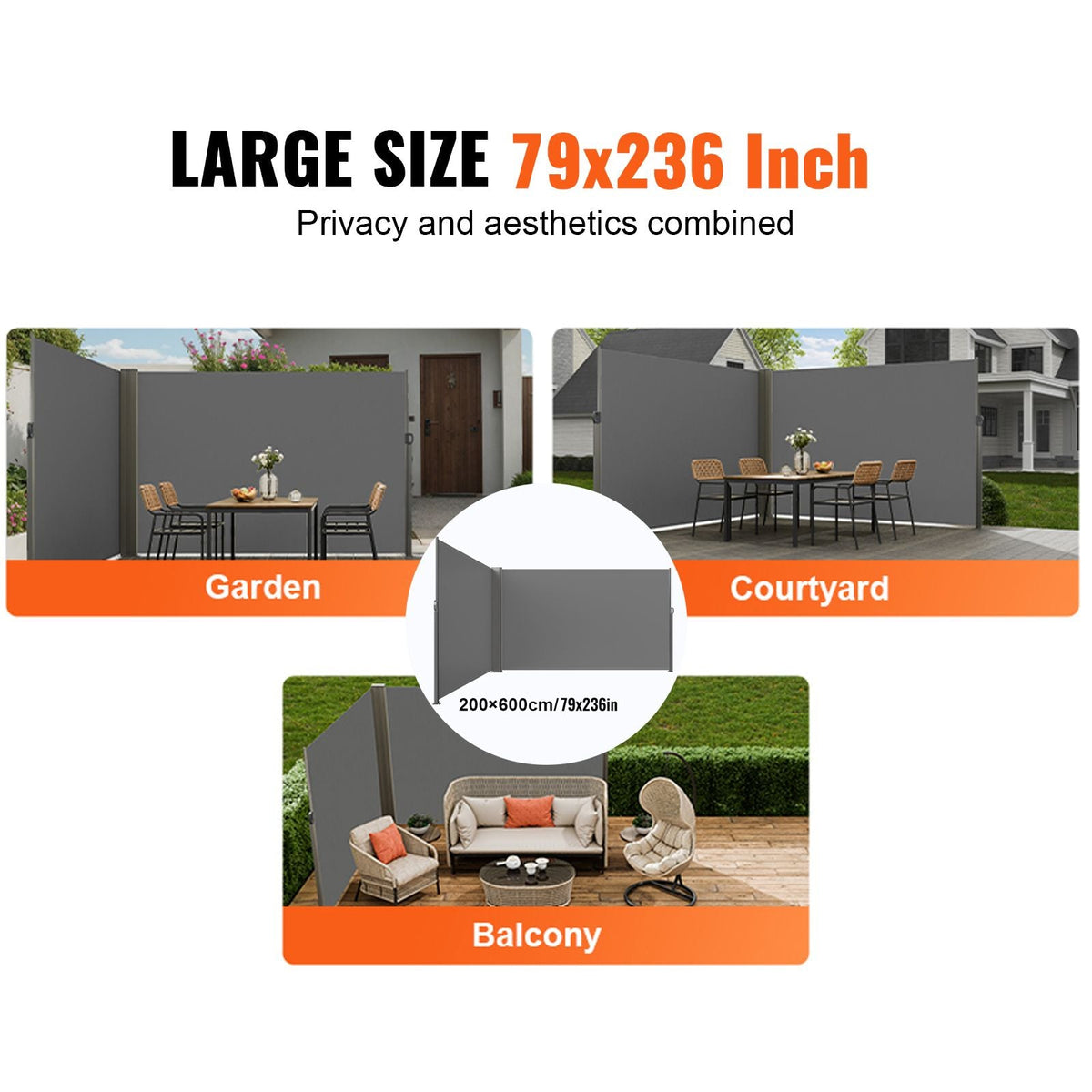Retractable Side Awning, 79''x 236'' Outdoor Privacy Screen, 180g Polyester Water-proof Retractable Patio Screen, UV 30+ Room Divider Wind Screen for Patio, Backyard, Balcony, Gray