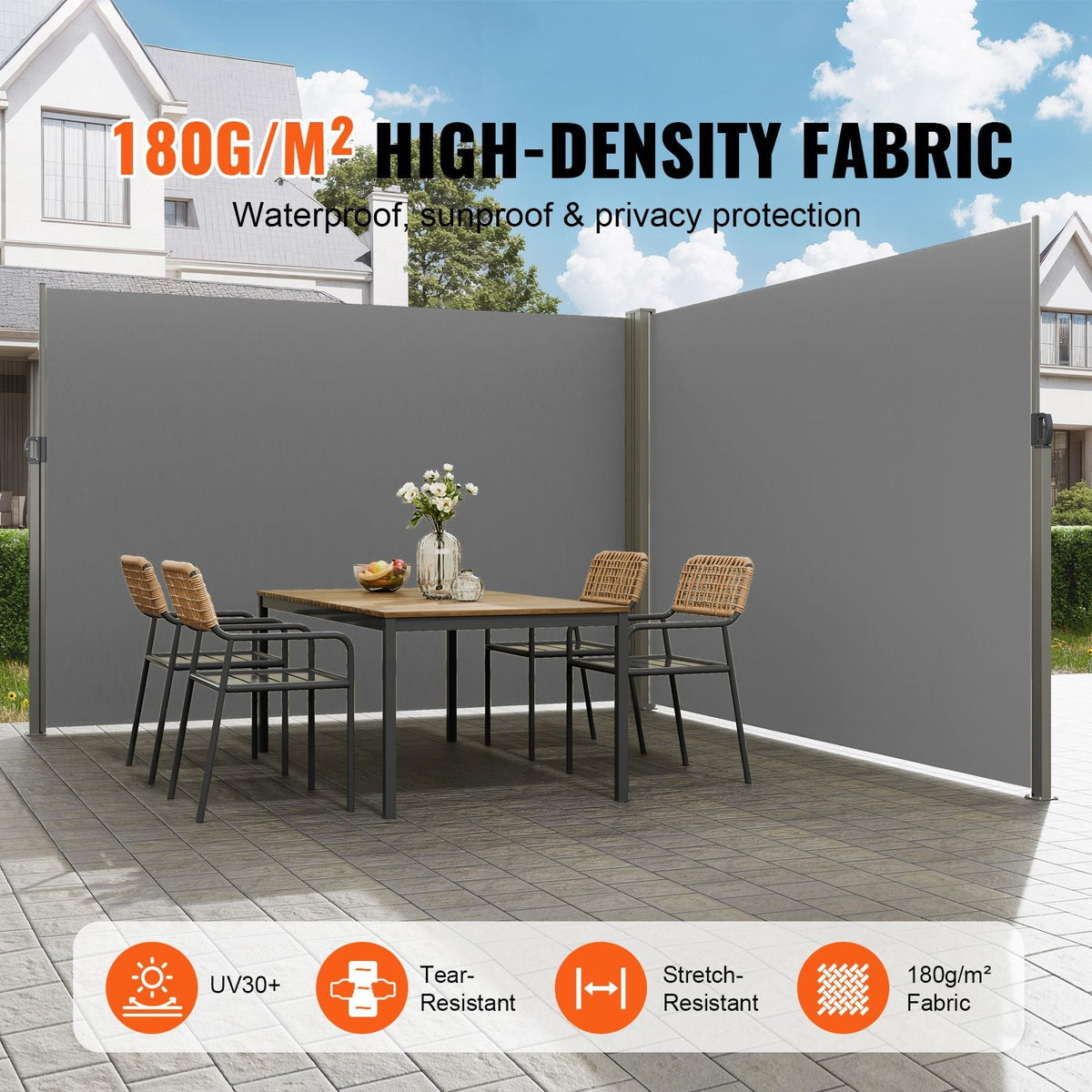 Retractable Side Awning, 79''x 236'' Outdoor Privacy Screen, 180g Polyester Water-proof Retractable Patio Screen, UV 30+ Room Divider Wind Screen for Patio, Backyard, Balcony, Gray