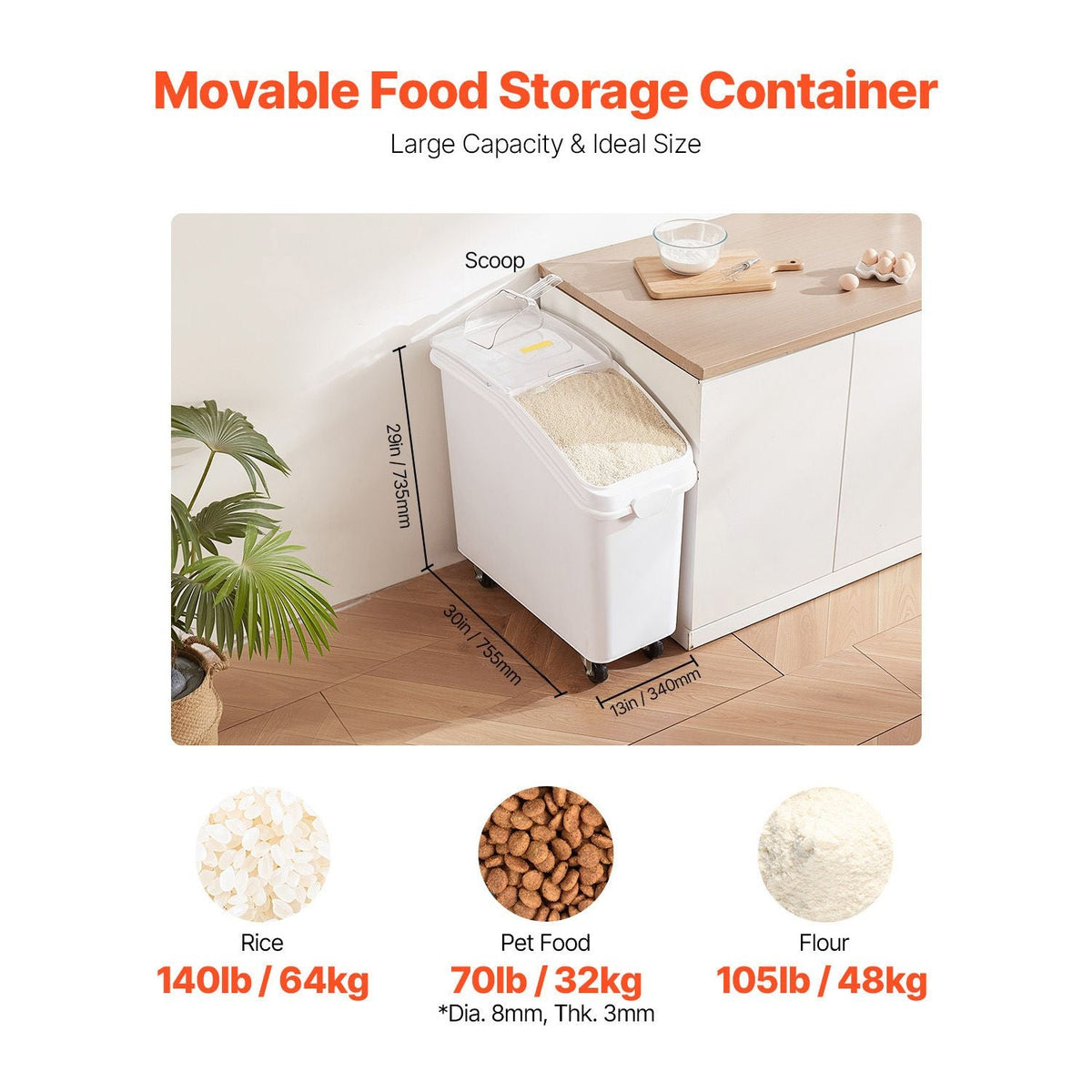 Rice Storage Container, 21Gallon/80L Capacity Large Dog Food Dispenser Bin, Kitchen Ingredient Grain Cereal Flour Bin, Pet food Containers with Wheels, Scoop, and Airtight Lid, 1 Pack