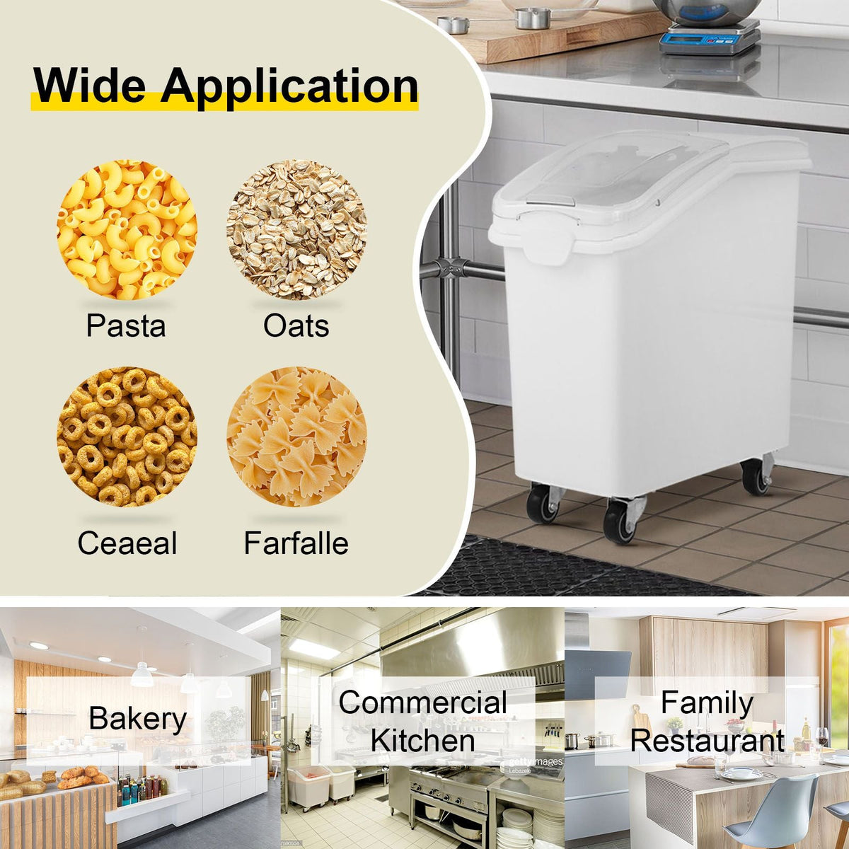 Rice Storage Container, 27Gallon/100L Capacity Large Dog Food Dispenser Bin, Kitchen Ingredient Grain Cereal Flour Bin, Pet food Containers with Wheels, Scoop, and Airtight Lid, 1 Pack