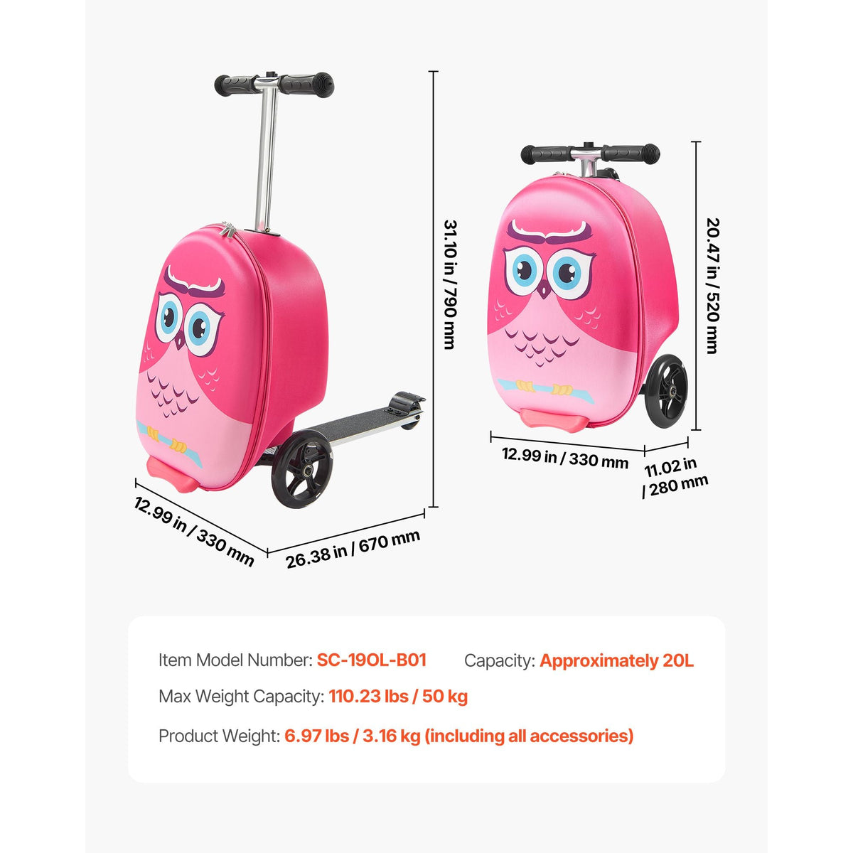 Ride-on Luggage, 20 L Capacity, 20 Inches Kids Scooter Suitcase with Flash PU Wheels, Adjustable Handle & TPR Non-Slip Grip, Foldable & Lightweight Scooter Luggage for Kids Aged 5+, Pink