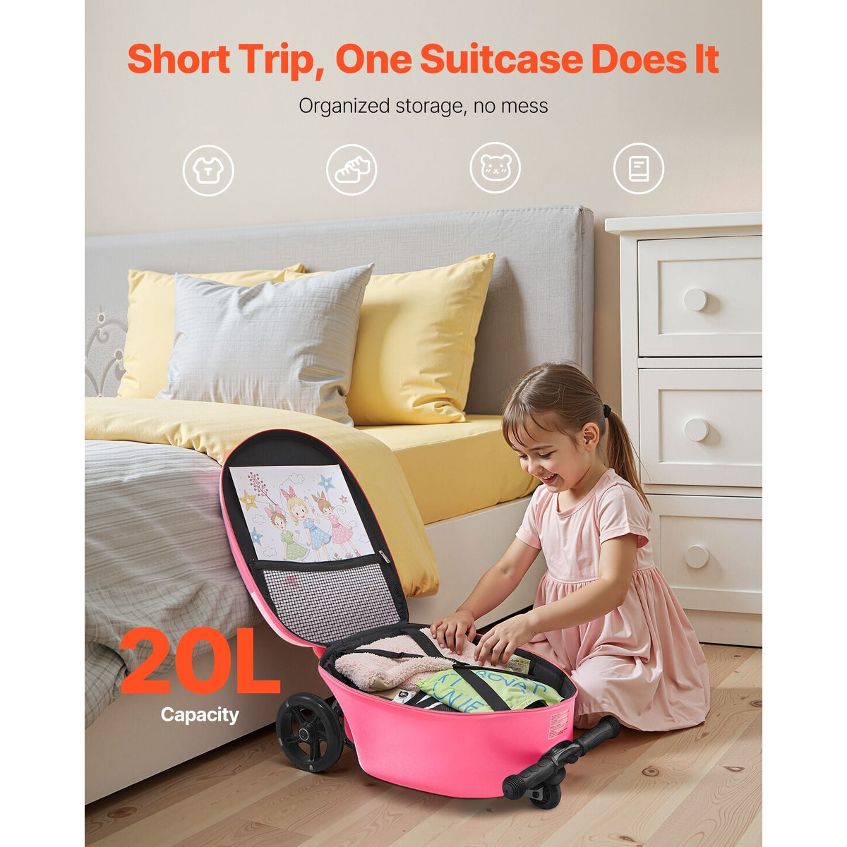 Ride-on Luggage, 20 L Capacity, 20 Inches Kids Scooter Suitcase with Flash PU Wheels, Adjustable Handle & TPR Non-Slip Grip, Foldable & Lightweight Scooter Luggage for Kids Aged 5+, Pink