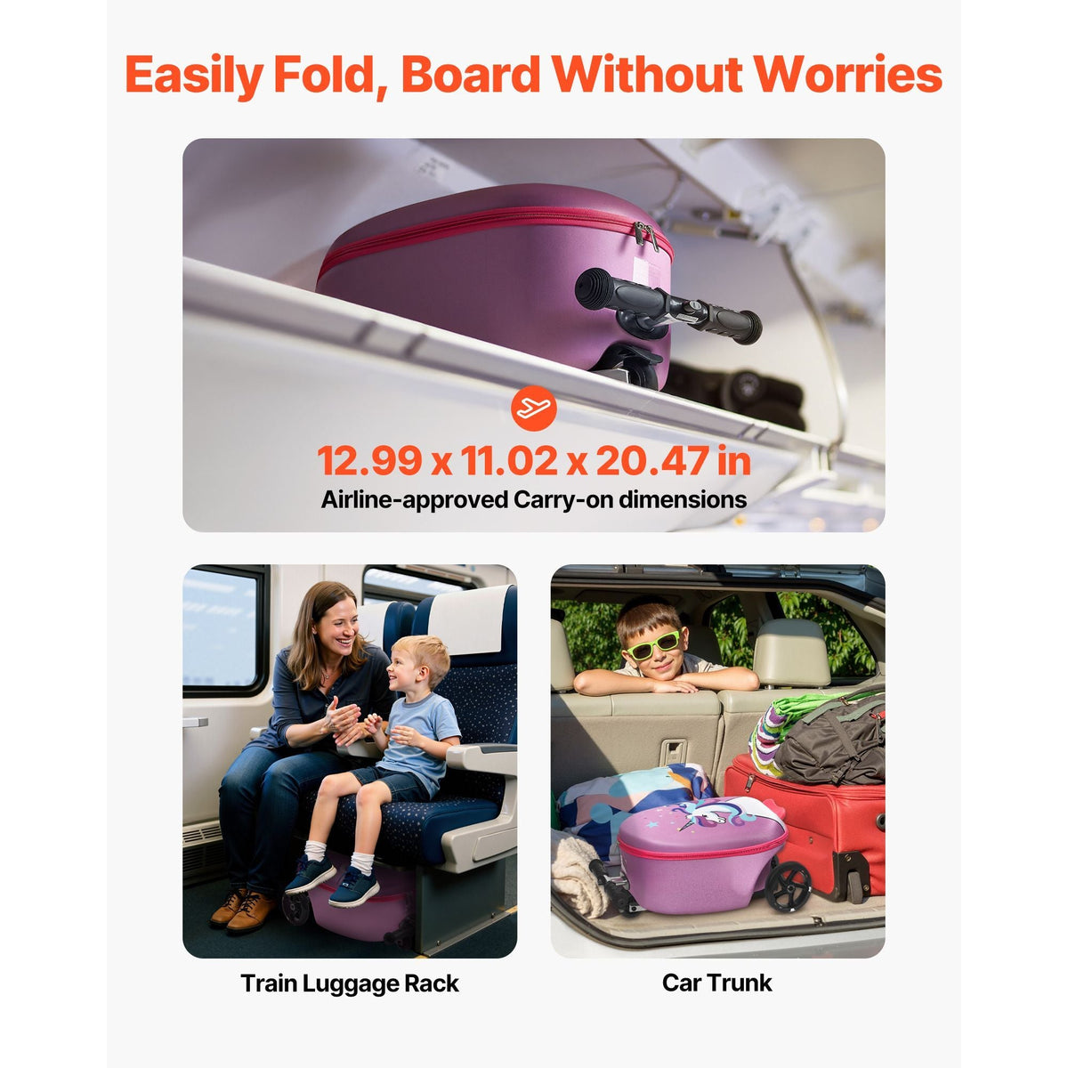 Ride-on Luggage, 20 L Capacity, 20 Inches Kids Scooter Suitcase with Flash PU Wheels, Adjustable Handle & TPR Non-Slip Grip, Foldable & Lightweight Scooter Luggage for Kids Aged 5+, Purple