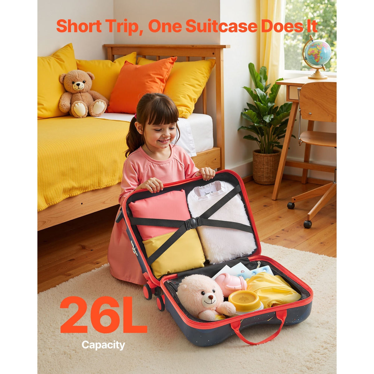 Ride-on Luggage, 26 L Capacity, 18 Inches Tow Along Toddler Carry on Luggage with Wheels, Adjustable Shoulder Strap, Lightweight Kids Riding Suitcase for Boys & Girls Aged 3+, Blue & White