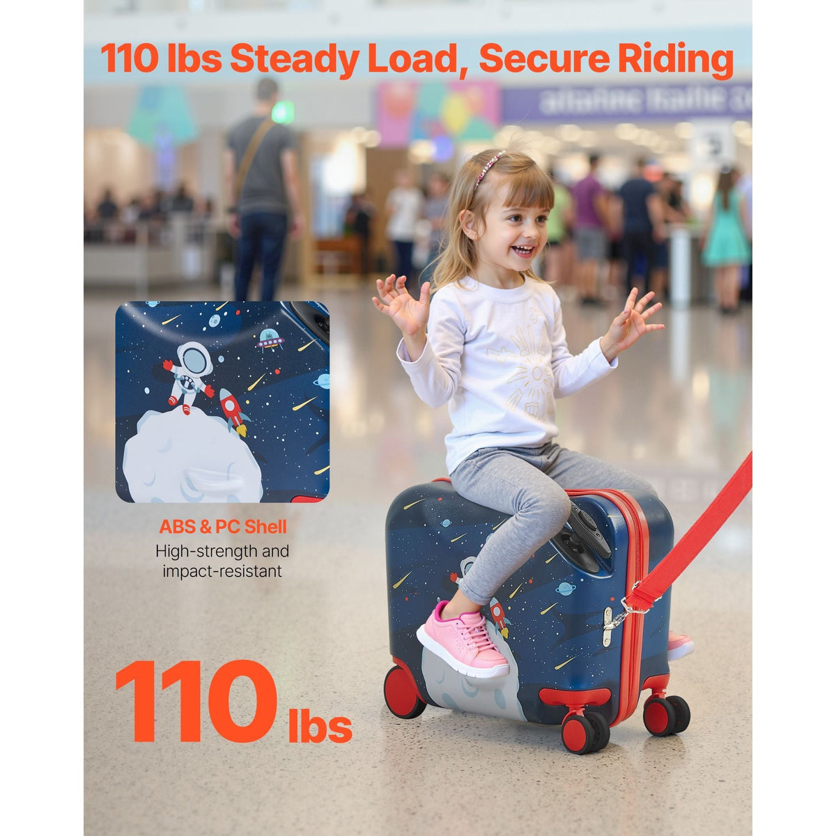 Ride-on Luggage, 26 L Capacity, 18 Inches Tow Along Toddler Carry on Luggage with Wheels, Adjustable Shoulder Strap, Lightweight Kids Riding Suitcase for Boys & Girls Aged 3+, Blue & White