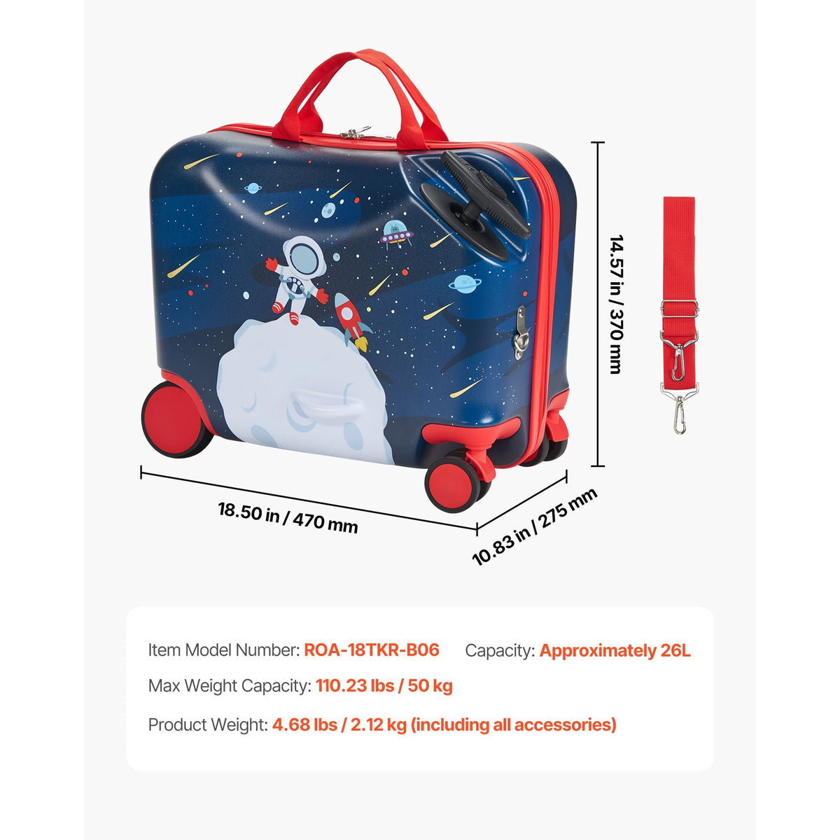 Ride-on Luggage, 26 L Capacity, 18 Inches Tow Along Toddler Carry on Luggage with Wheels, Adjustable Shoulder Strap, Lightweight Kids Riding Suitcase for Boys & Girls Aged 3+, Blue & White