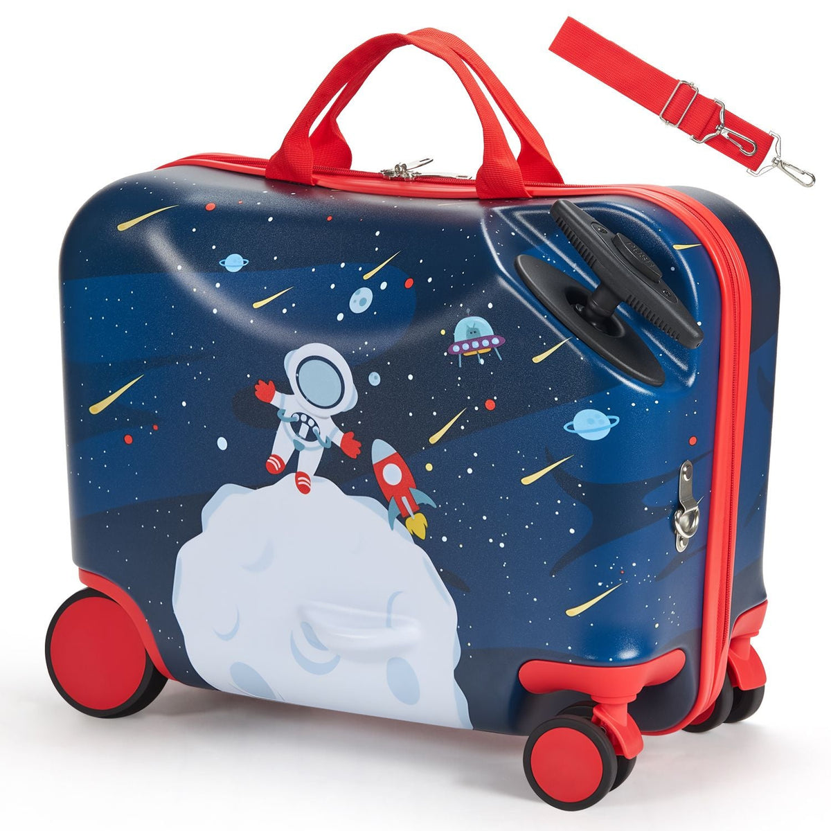 Ride-on Luggage, 26 L Capacity, 18 Inches Tow Along Toddler Carry on Luggage with Wheels, Adjustable Shoulder Strap, Lightweight Kids Riding Suitcase for Boys & Girls Aged 3+, Blue & White