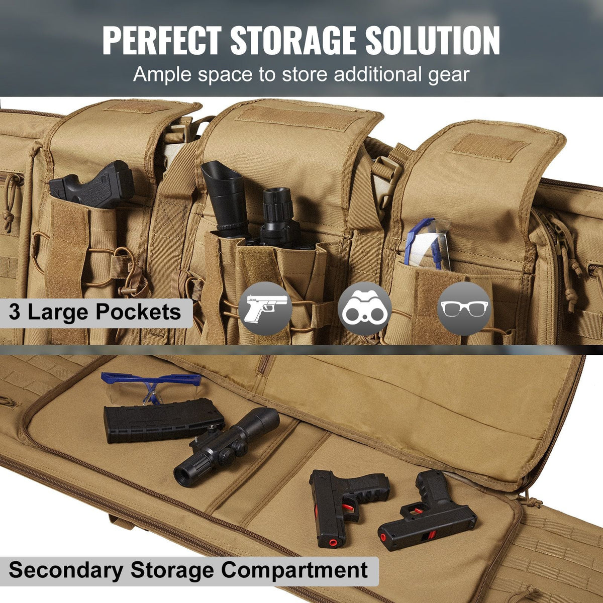 Rifle Bag, 36 inch Tactical Double Long Gun Bag, Soft Rifle Case with Lockable Zipper, Portable Handle & Shoulder Strap, 3 Large Storage Pockets Rifle Case for Two 34" Rifles & 2 Pistols, Brown