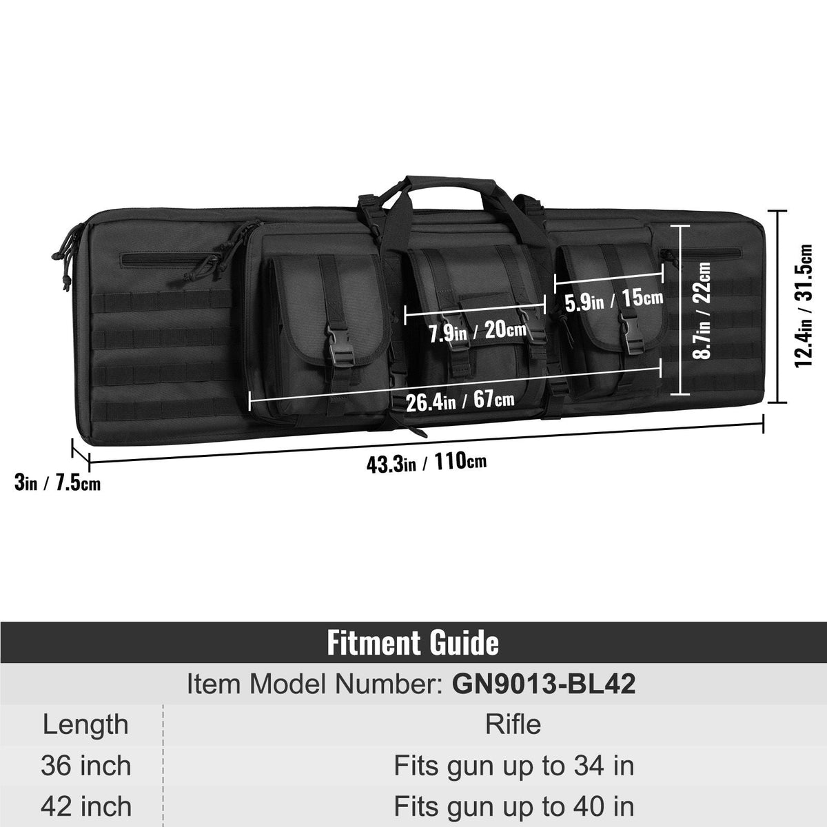 Rifle Bag, 42 inch Tactical Double Long Gun Bag, Soft Rifle Case with Lockable Zipper, Portable Handle & Shoulder Strap, 3 Large Storage Pockets Rifle Case for Two 40" Rifles & 2 Pistols, Black
