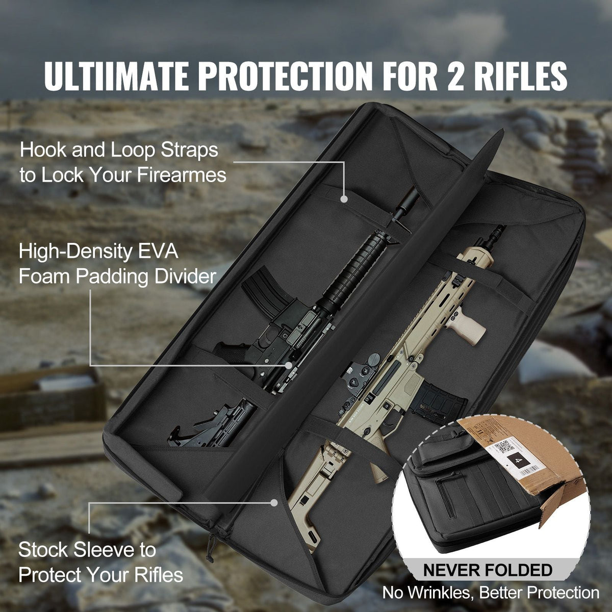 Rifle Bag, 42 inch Tactical Double Long Gun Bag, Soft Rifle Case with Lockable Zipper, Portable Handle & Shoulder Strap, 3 Large Storage Pockets Rifle Case for Two 40" Rifles & 2 Pistols, Black