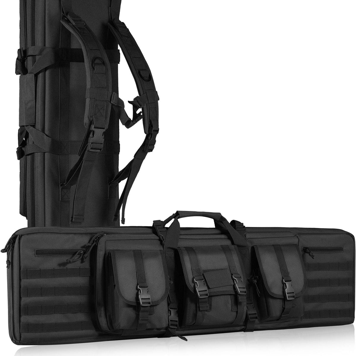 Rifle Bag, 42 inch Tactical Double Long Gun Bag, Soft Rifle Case with Lockable Zipper, Portable Handle & Shoulder Strap, 3 Large Storage Pockets Rifle Case for Two 40" Rifles & 2 Pistols, Black