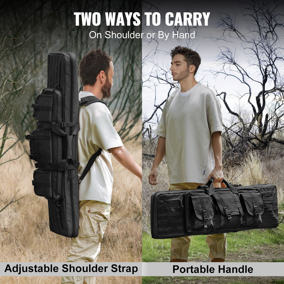 Rifle Bag, 42 inch Tactical Double Long Gun Bag, Soft Rifle Case with Lockable Zipper, Portable Handle & Shoulder Strap, 3 Large Storage Pockets Rifle Case for Two 40" Rifles & 2 Pistols, Black