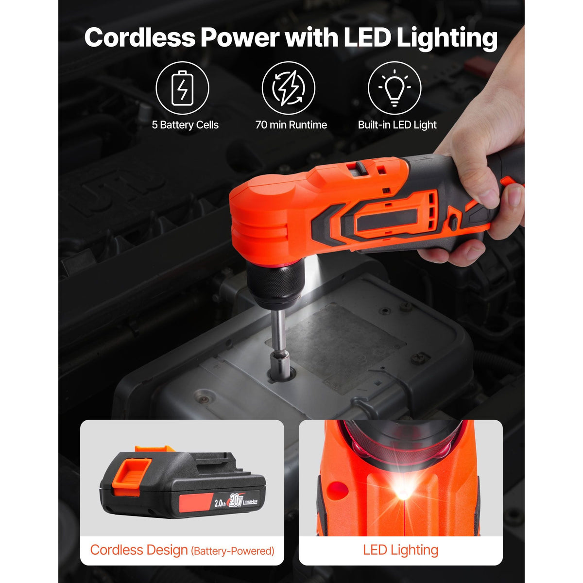 Right Angle Drill, 3/8 Inch Chuck, 90 Degree Cordless Right Angle Drill with Brushless Motor, Battery, Charger, and Belt Clip, Adjustable Speed, for Fastening and Loosening in Tight Spaces