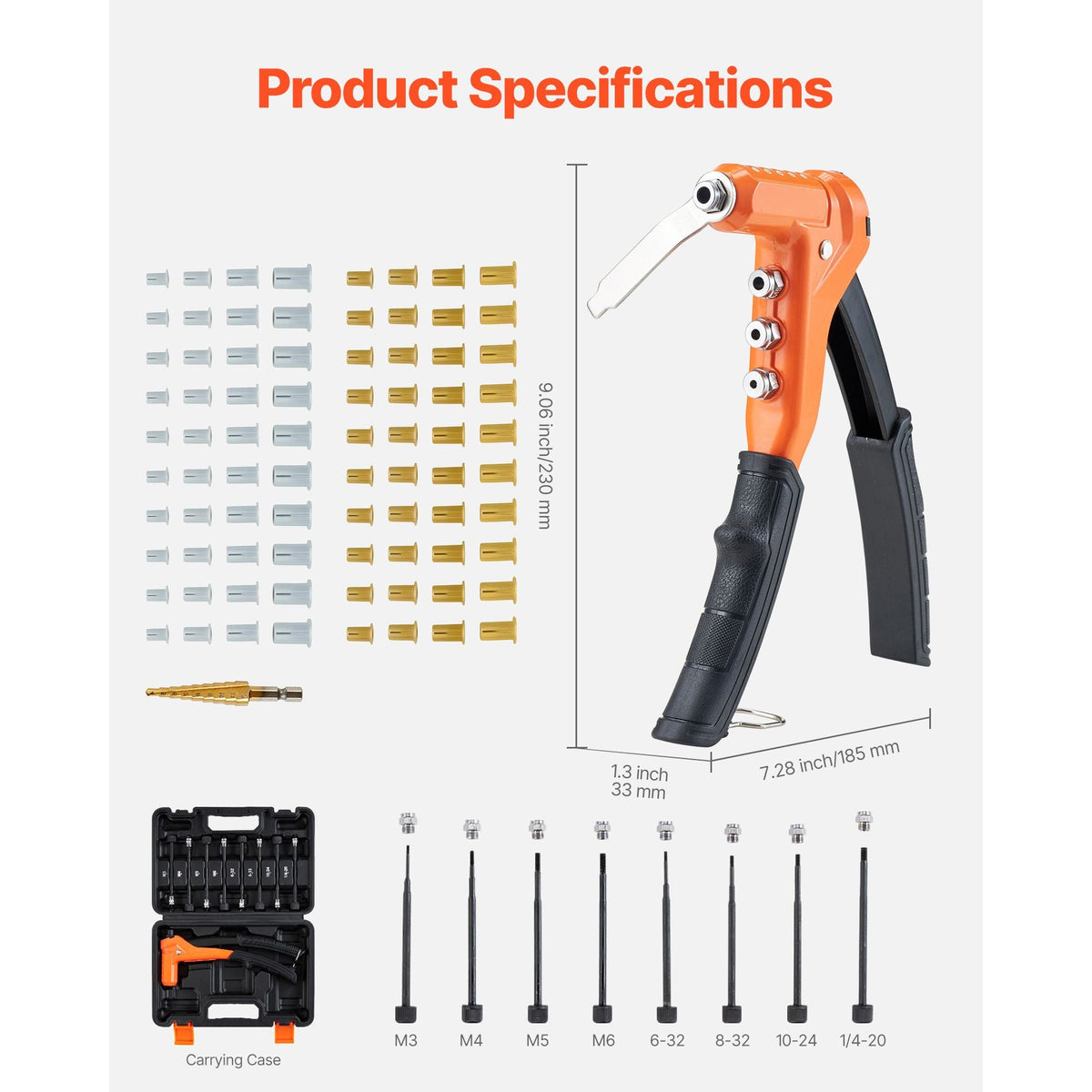 Rivet Nut Tool Kit, 9-Inch One-Handed Rivnut Tool Kit, with 8 Mandrels, a Step Drill Bit and 80 Nuts, Metric and SAE Size M3, M4, M5, M6, 6-32, 8-32, 10-24, 1/4-20 UNC, with a Carrying Case