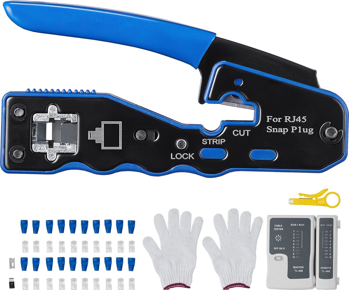 RJ45 Crimp Tool Kit, Cat5e/Cat6/Cat6a Pass Through Ethernet Crimper for 8P8C Modular Plugs with 20pcs Connectors and 20pcs Covers, Wire Stripper and Network Tester