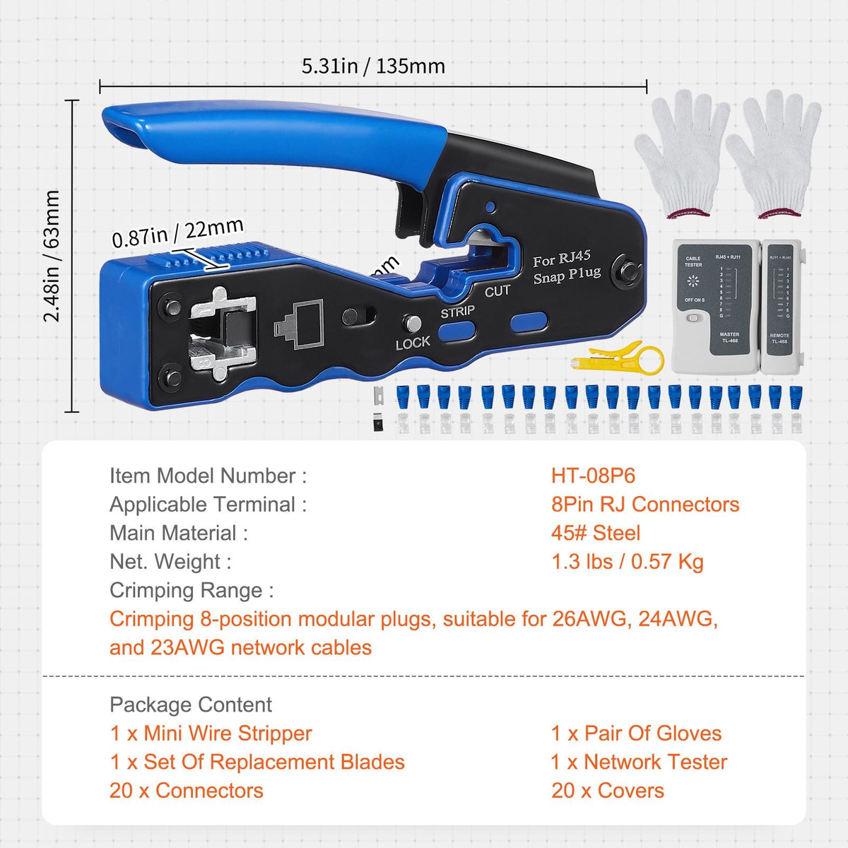 RJ45 Crimp Tool Kit, Cat5e/Cat6/Cat6a Pass Through Ethernet Crimper for 8P8C Modular Plugs with 20pcs Connectors and 20pcs Covers, Wire Stripper and Network Tester
