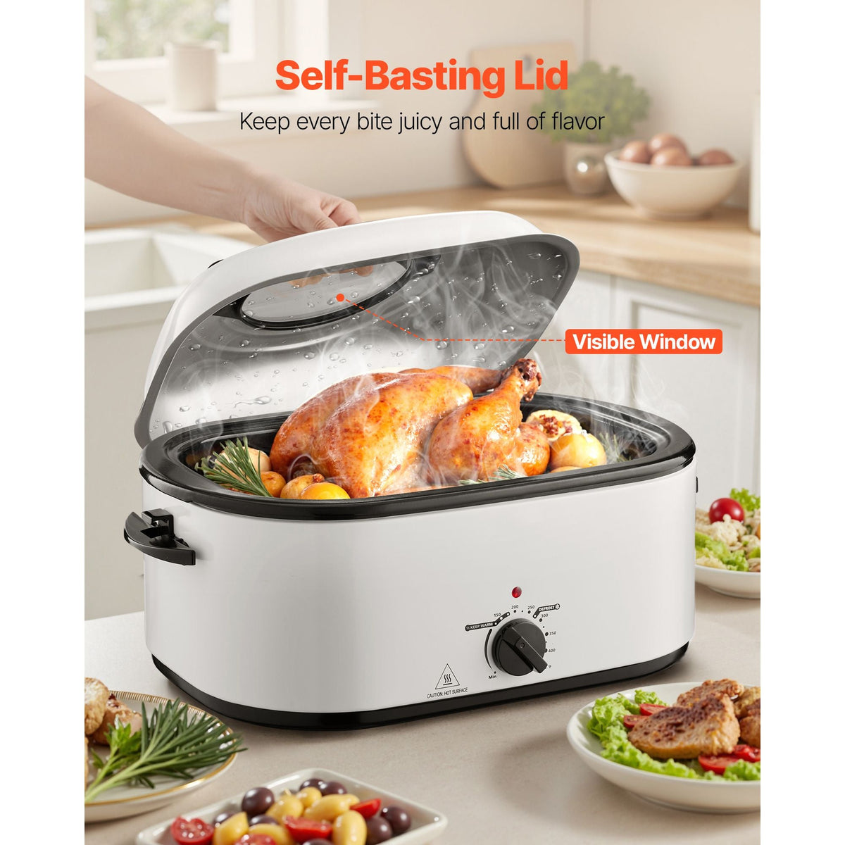 Roaster Oven, 26QT Electric Roasting Pan, 150-450 F Adjustable Temp Fast-Cooking Turkey Roaster with Cool-Touch Handle, Visible Self-Basting Lid, Defrost & Warm Function, Fits 30lb Turkey