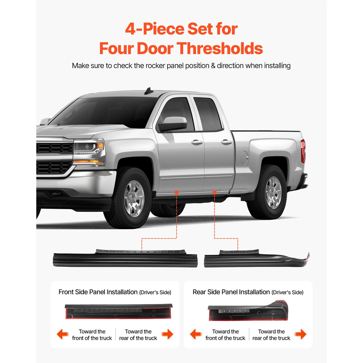 Rocker Panel Guard, 4-Piece Set Compatible with 2014-2018 Chevrolet Silverado 1500 Extended Cab, Replacement for 14068 Trail Armor Side Skirts Extension Body Kit, Driver Side, 3M Adhesive, Black