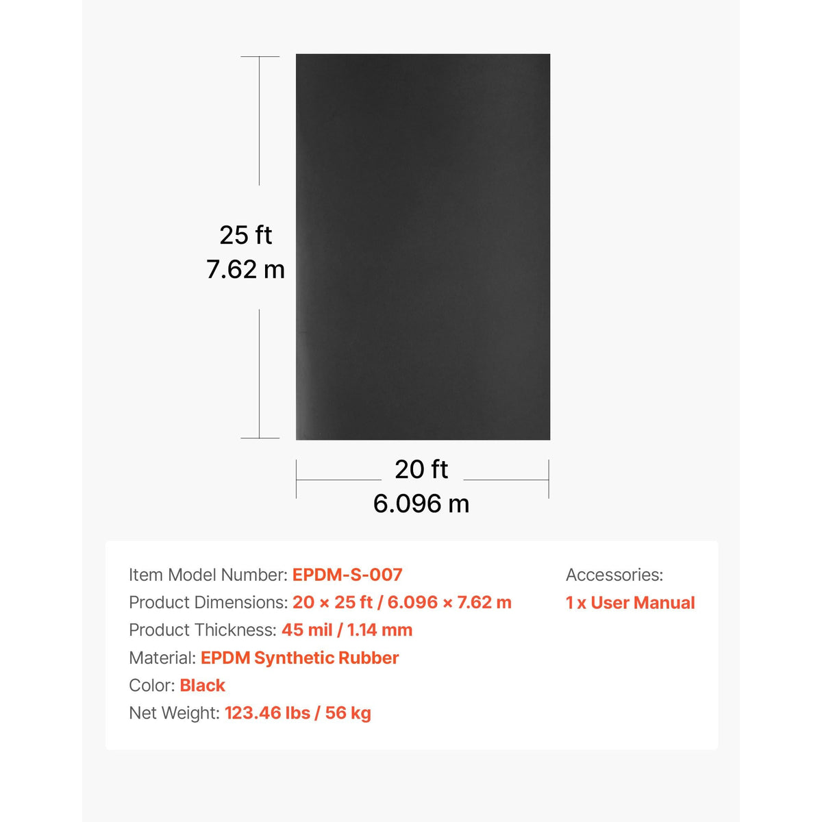 Roll Roofing, 20 x 25 ft, 45 mil EPDM Rubber Roofing, Long Lifespan & Weather-resistant, Withstands Harsh Temperatures, Flexible & Easy Installation, Roof Underlayment for RVs, Roofs, Ponds