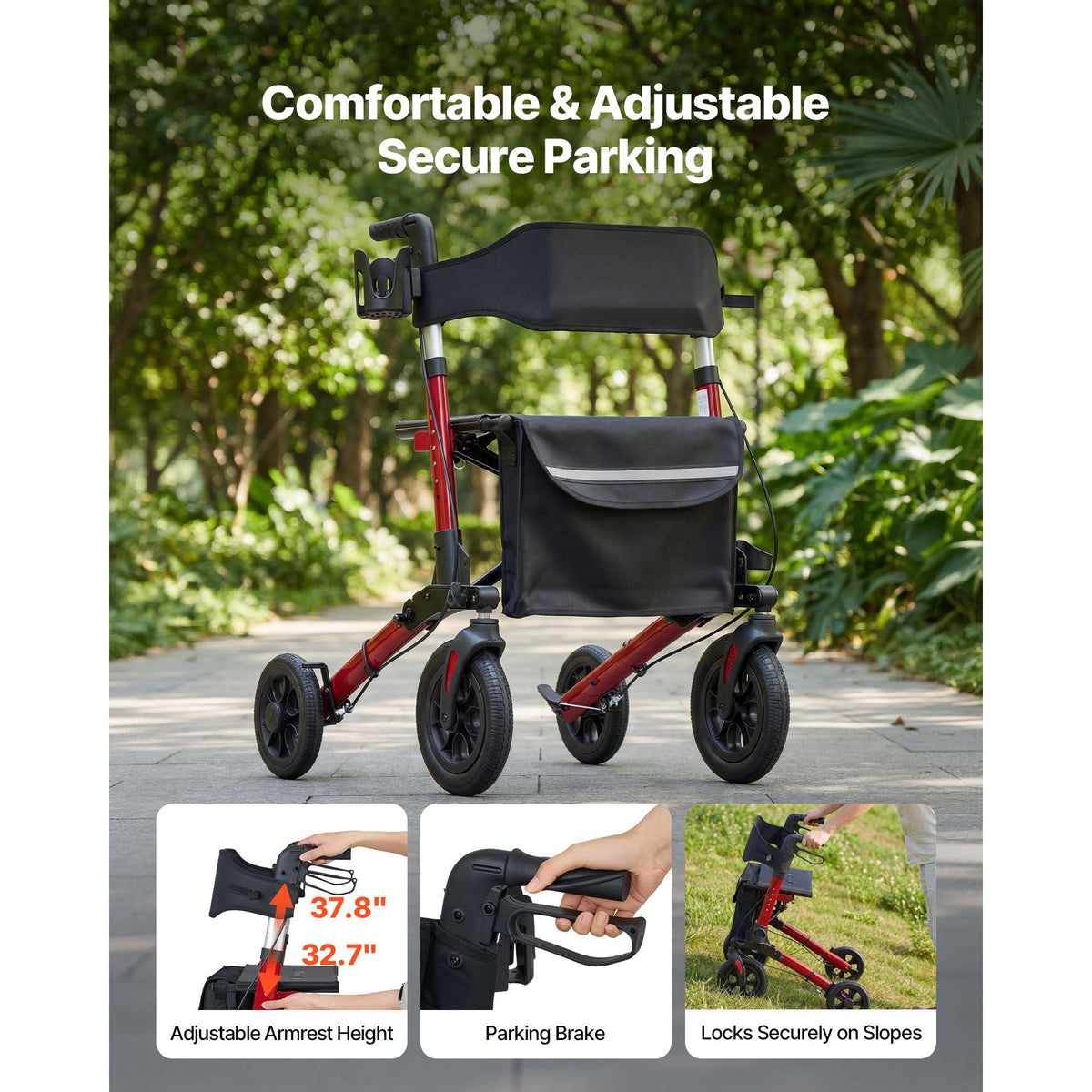 Rollator Walker with Seat for Seniors, Ultra Compact 3-Fold Rolling Walker, Lightweight Aluminum Mobility Walking Aid with PU Solid Wheels, Adjustable Handle, Cup & Cane Holder - Supports 300LBS