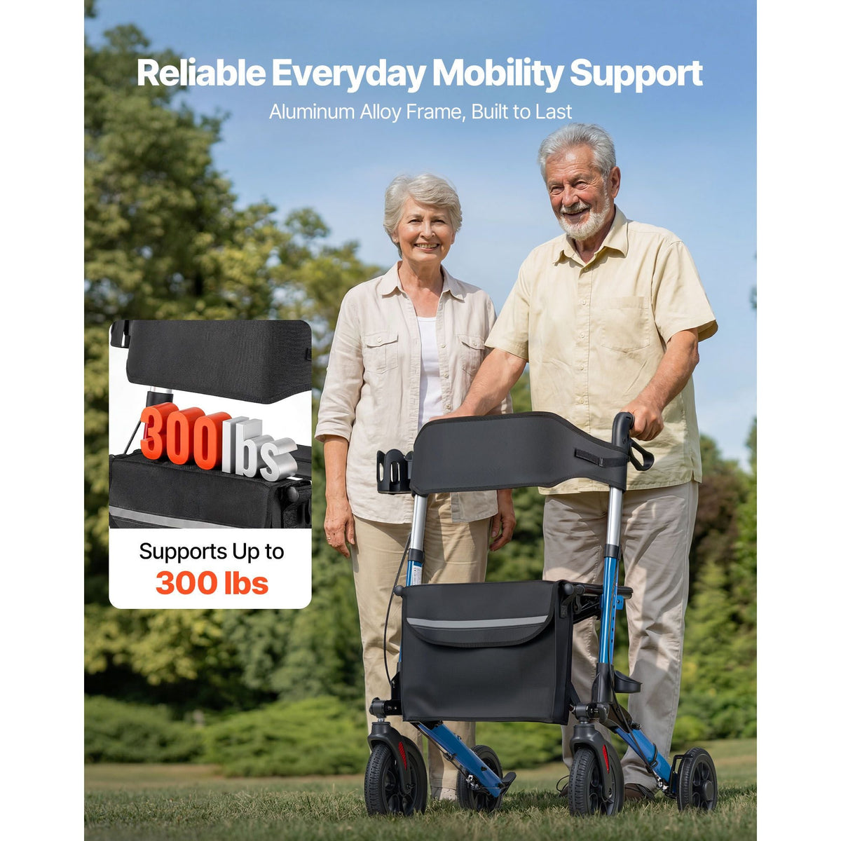 Rollator Walker with Seat for Seniors, Ultra Compact 3-Fold Rolling Walker, Lightweight Aluminum Mobility Walking Aid with PU Solid Wheels, Adjustable Handle, Cup & Cane Holder - Supports 300LBS