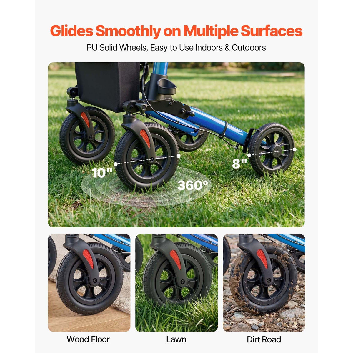 Rollator Walker with Seat for Seniors, Ultra Compact 3-Fold Rolling Walker, Lightweight Aluminum Mobility Walking Aid with PU Solid Wheels, Adjustable Handle, Cup & Cane Holder - Supports 300LBS