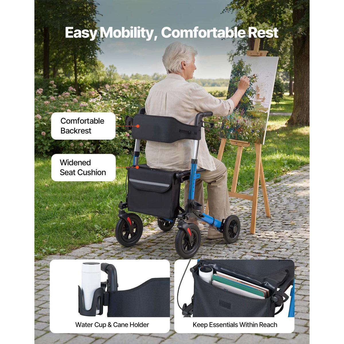 Rollator Walker with Seat for Seniors, Ultra Compact 3-Fold Rolling Walker, Lightweight Aluminum Mobility Walking Aid with PU Solid Wheels, Adjustable Handle, Cup & Cane Holder - Supports 300LBS