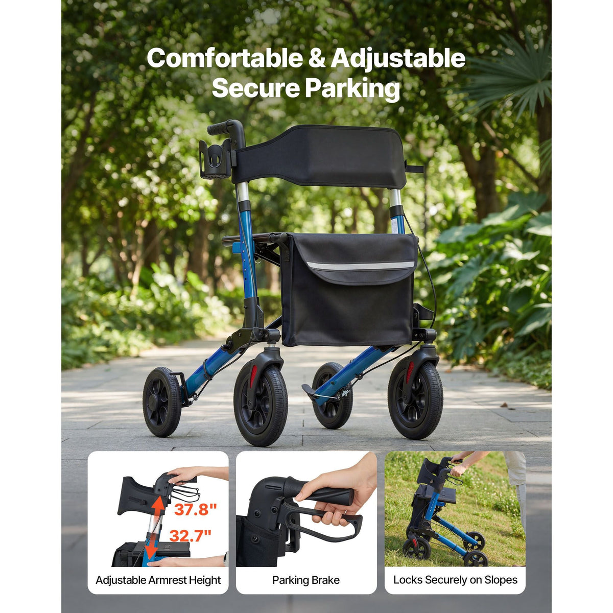 Rollator Walker with Seat for Seniors, Ultra Compact 3-Fold Rolling Walker, Lightweight Aluminum Mobility Walking Aid with PU Solid Wheels, Adjustable Handle, Cup & Cane Holder - Supports 300LBS
