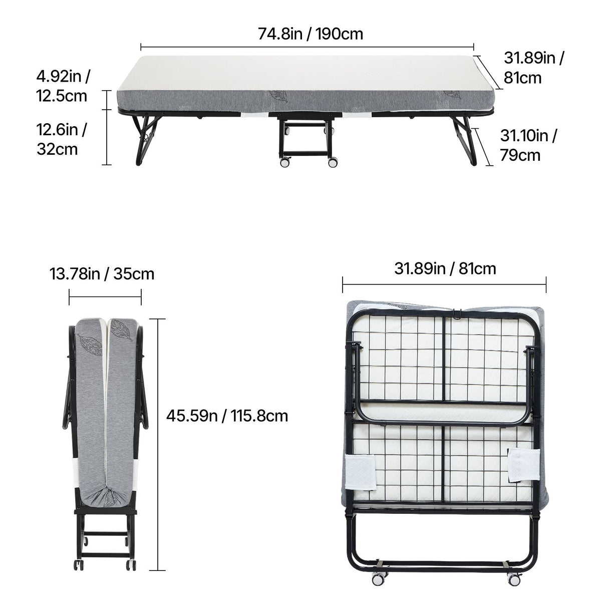 Rollaway Bed, 31 in x 75 in Folding Bed with 5 in Mattress, Twin Size Foldable Bed with Sturdy Metal Frame & Memory Foam Mattress, Portable Twin Roll Away Bed with Mattress, for Adults, Guest