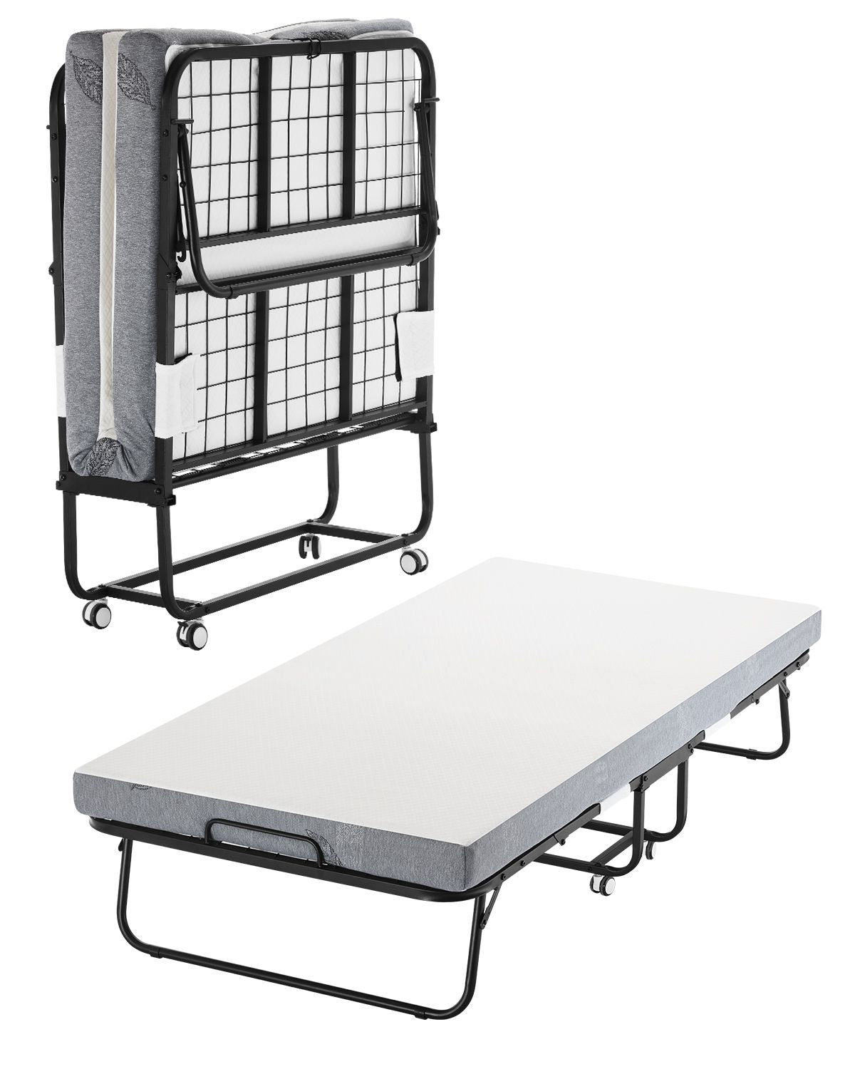 Rollaway Bed, 38 in x 75 in Folding Bed with 4 in Mattress, Twin Size Foldable Bed with Sturdy Metal Frame & Memory Foam Mattress, Portable Twin Roll Away Bed with Mattress, for Adults, Guest