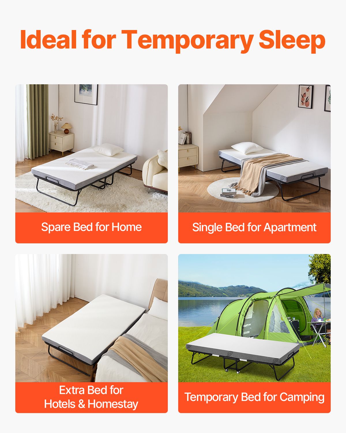 Rollaway Bed, 38 in x 75 in Folding Bed with 4 in Mattress, Twin Size Foldable Bed with Sturdy Metal Frame & Memory Foam Mattress, Portable Twin Roll Away Bed with Mattress, for Adults, Guest