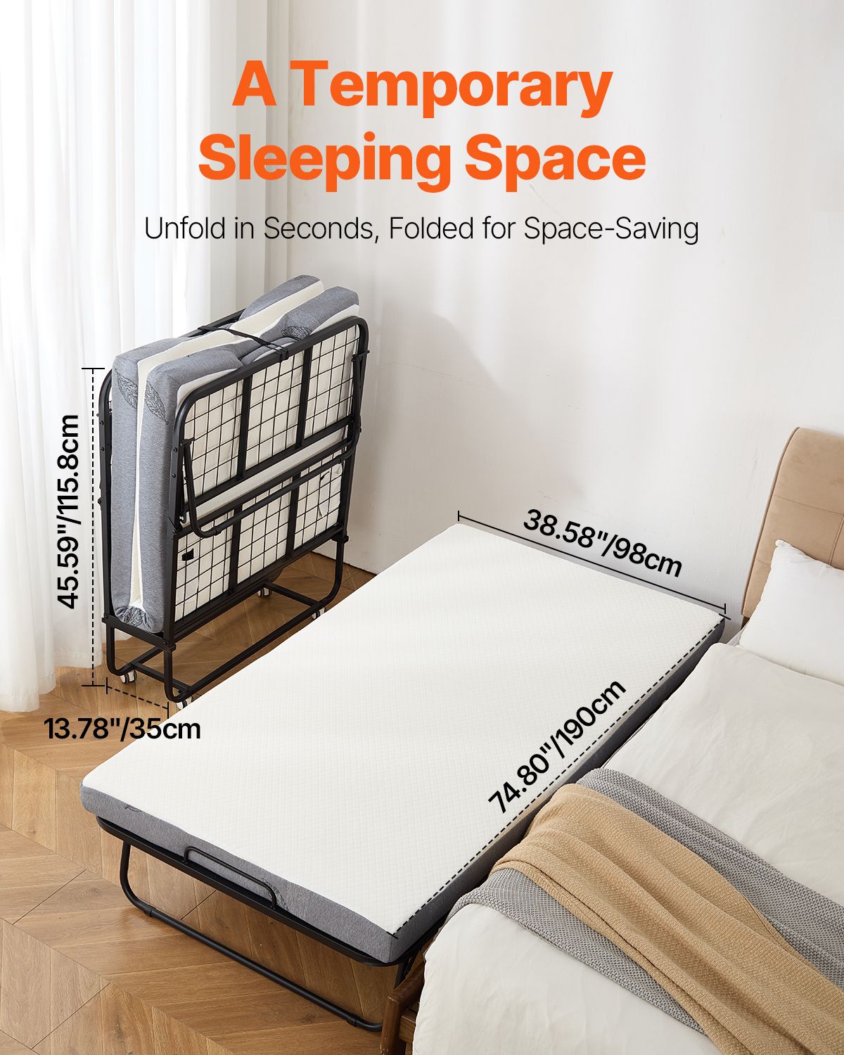 Rollaway Bed, 38 in x 75 in Folding Bed with 4 in Mattress, Twin Size Foldable Bed with Sturdy Metal Frame & Memory Foam Mattress, Portable Twin Roll Away Bed with Mattress, for Adults, Guest