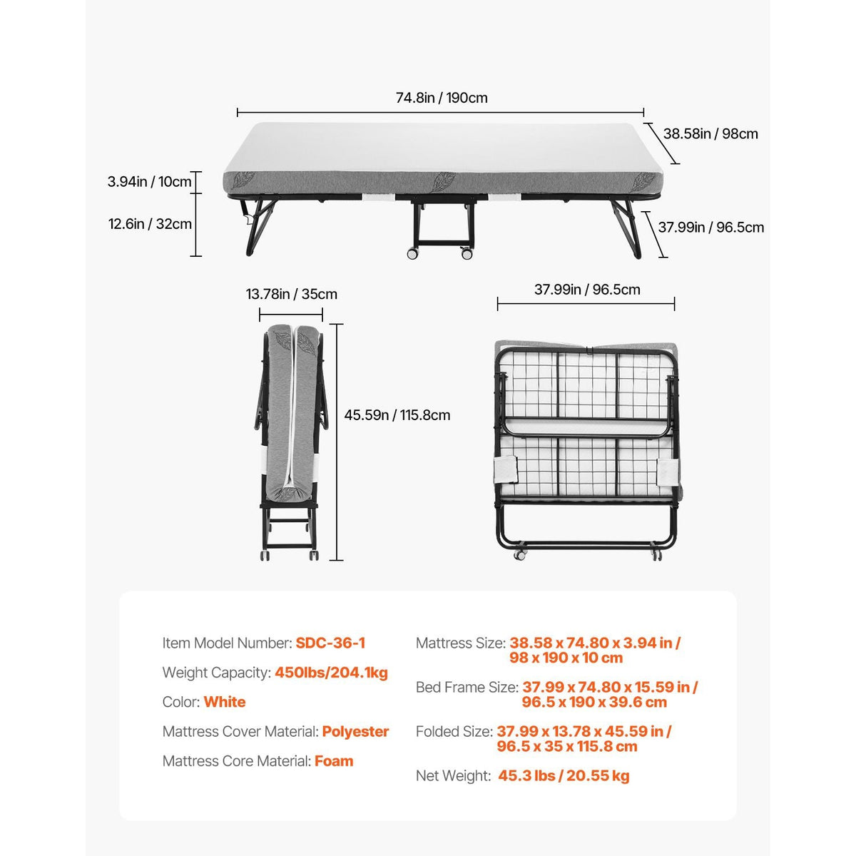 Rollaway Bed, 38 in x 75 in Folding Bed with 4 in Mattress, Twin Size Foldable Bed with Sturdy Metal Frame & Memory Foam Mattress, Portable Twin Roll Away Bed with Mattress, for Adults, Guest
