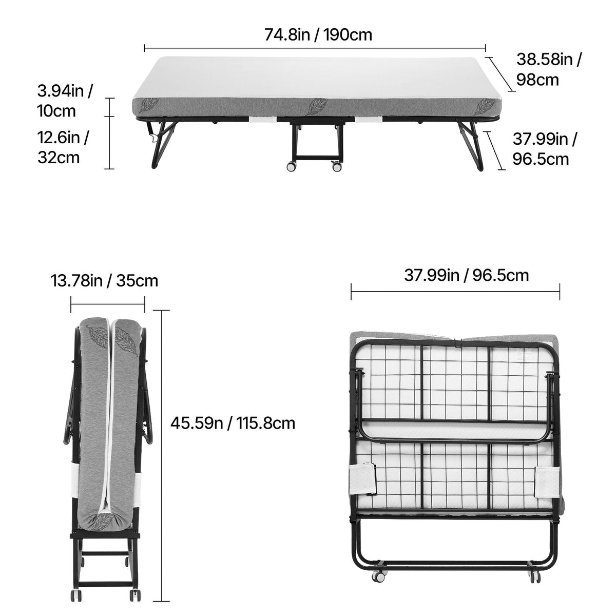 Rollaway Bed, 38 in x 75 in Folding Bed with 4 in Mattress, Twin Size Foldable Bed with Sturdy Metal Frame & Memory Foam Mattress, Portable Twin Roll Away Bed with Mattress, for Adults, Guest