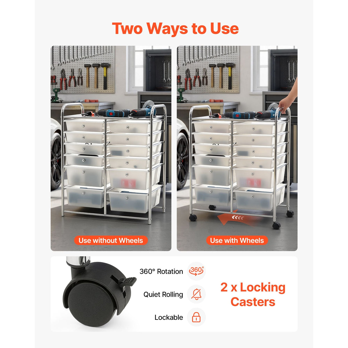 Rolling Cart with Drawers, Double Row 12 Drawer Storage Organizer, Mobile Utility Cart with Chrome Steel Frame, Universal Casters & 2 Brakes, for Office, Classroom, Craft Room, Studio, Garage