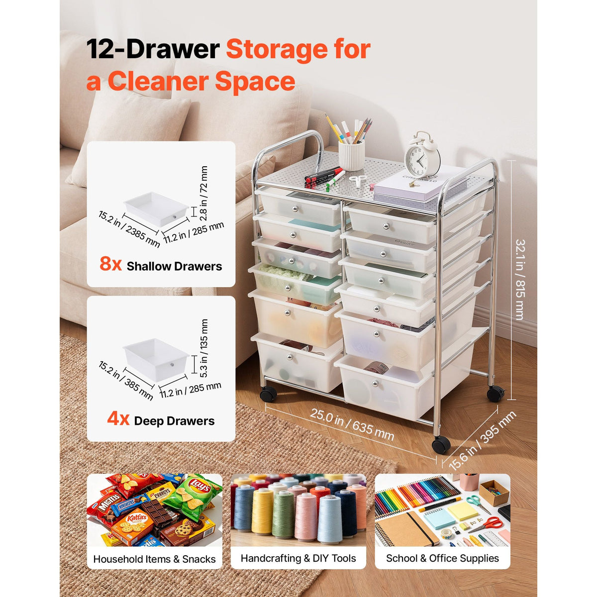 Rolling Cart with Drawers, Double Row 12 Drawer Storage Organizer, Mobile Utility Cart with Chrome Steel Frame, Universal Casters & 2 Brakes, for Office, Classroom, Craft Room, Studio, Garage