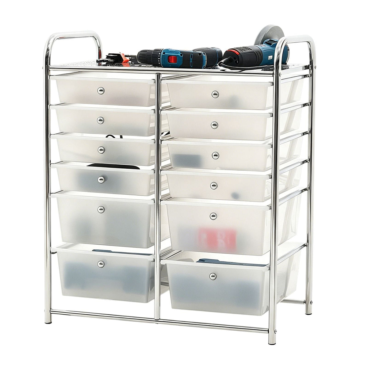 Rolling Cart with Drawers, Double Row 12 Drawer Storage Organizer, Mobile Utility Cart with Chrome Steel Frame, Universal Casters & 2 Brakes, for Office, Classroom, Craft Room, Studio, Garage