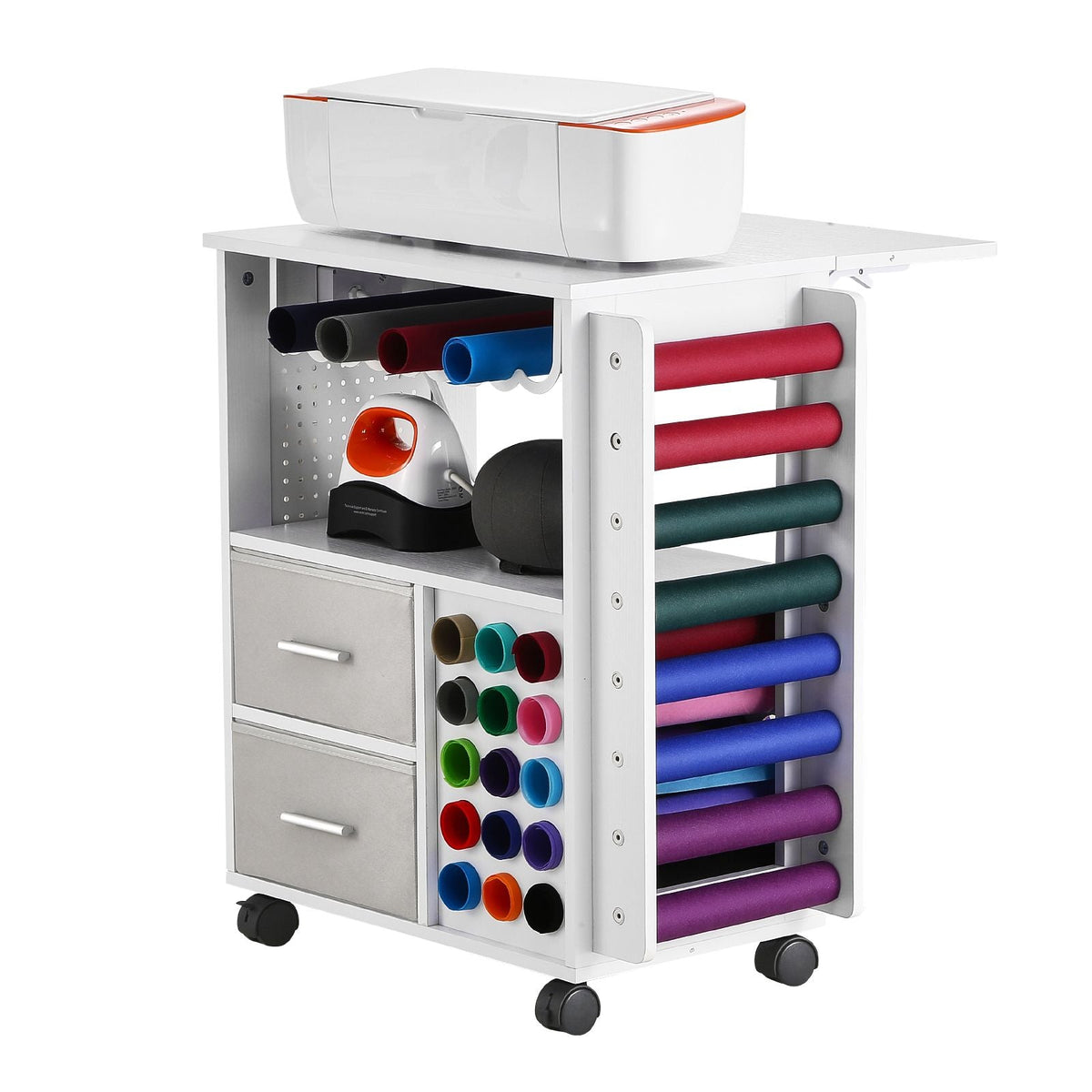 Rolling Craft Cart and Storage Table, Compatible with Cricut Machines, Crafting Table Organization Workstation with 2 USB Ports and Outlets, 15 Vinyl Roll Holders and 2 Drawers, for Craft Room